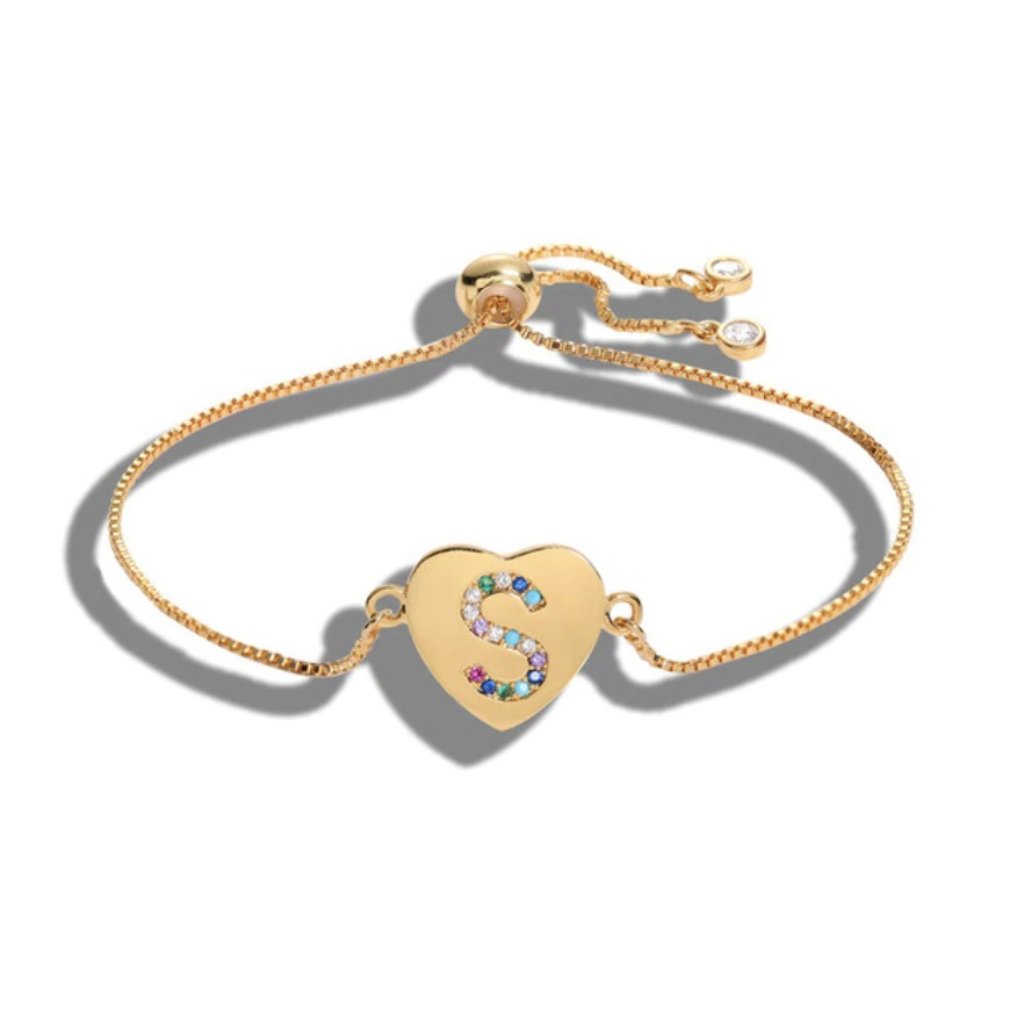 Letter S Initial Heart Yellow Gold Bracelet 25$